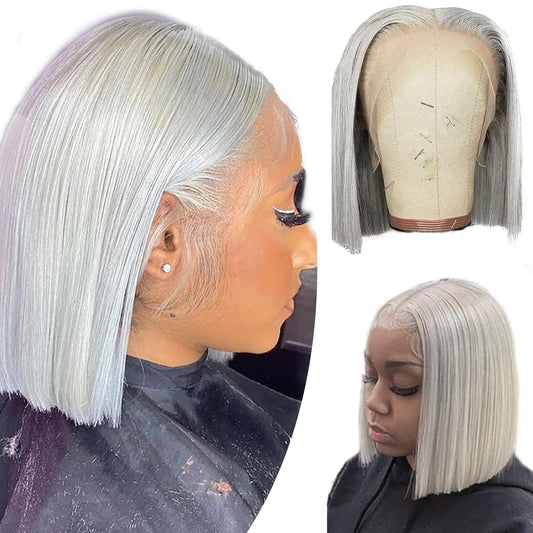 16 Inch Grey Bob Wig Human Hair 13x4 HD Lace Front Wigs Human Hair Pre Plucked with Baby Hair Glueless Bob Wig Human Hair 180% Density