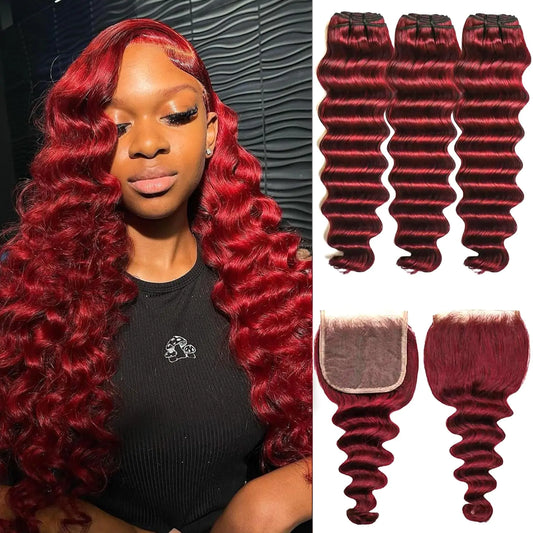 Loose Deep Wave Bundles with Closure Human Hair 12a Burgundy Bundles Human Hair with Lace Closure Win Red 99j Human Hair Bundles (Loose Deep Wave 20 22 24 +20free)
