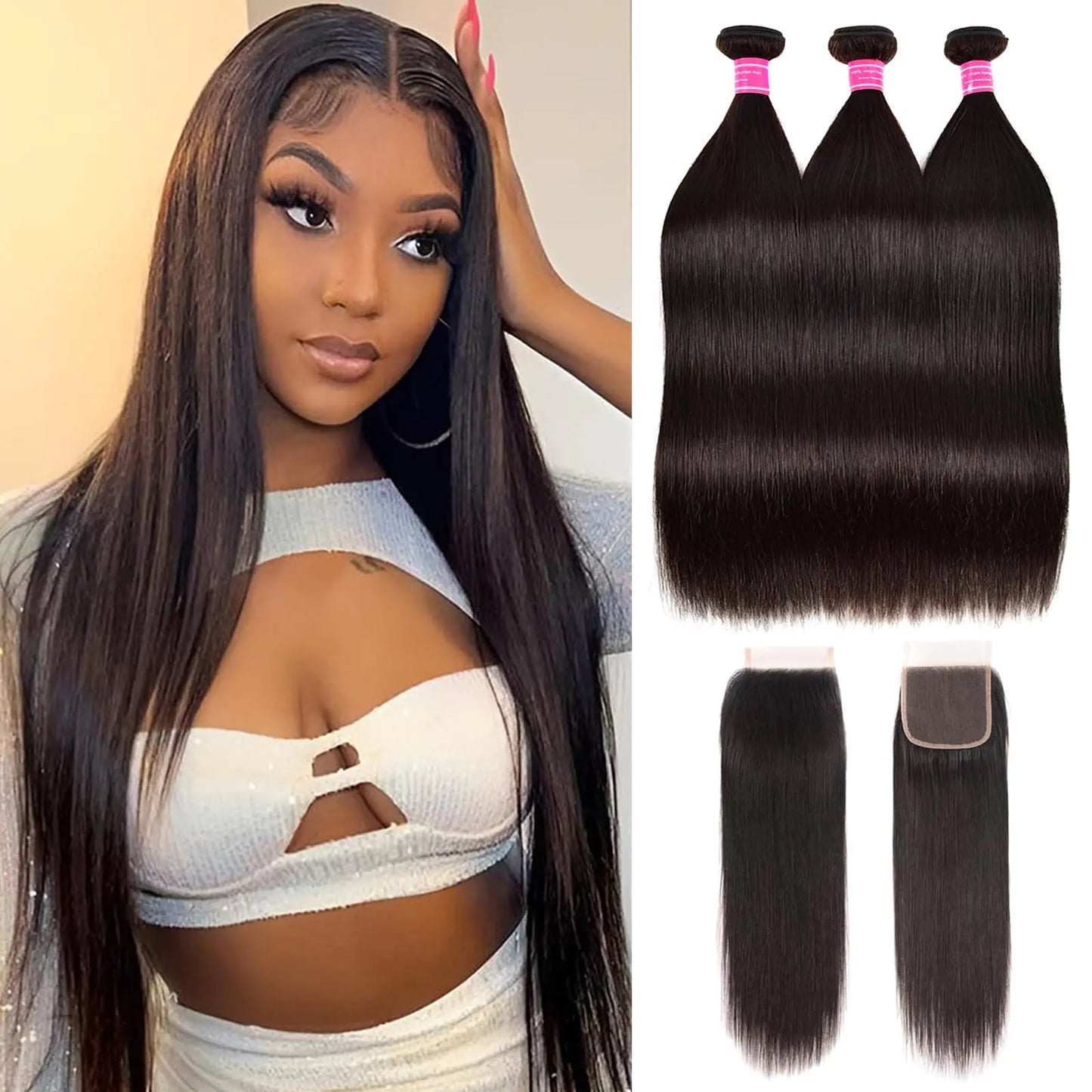 10A Straight Bundles with Closure Human Hair 20 22 24 with 18 Inch Brazilian Human Hair Bundles with Closure 100% Unprocessed Virgin Remy Straight Hair Weave 3 Bundles with 4x4 Lace Closure Free Part