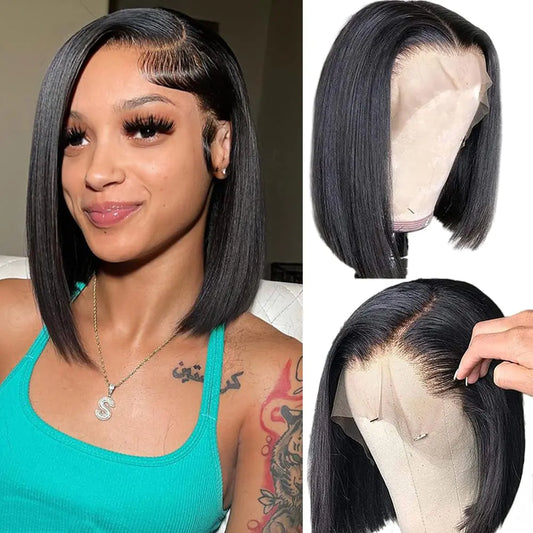 Bob Wig Human Hair 13x4 HD Lace Front Bob Wigs Human Hair Short Straight Bob Wigs for Black Women Human Hair Glueless Bob Wig Human Hair Pre Plucked with Baby Hair 180% Density Natural Black 10 Inch
