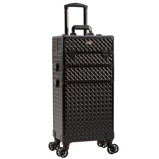 Lala 3 in 1 Rolling Makeup Train Case Professional Cosmetic Trolley Large Storage with Keys Swivel Wheels Salon Barber Case Traveling Cart Trunk for Make Up Hairstylists Nail Tech Black