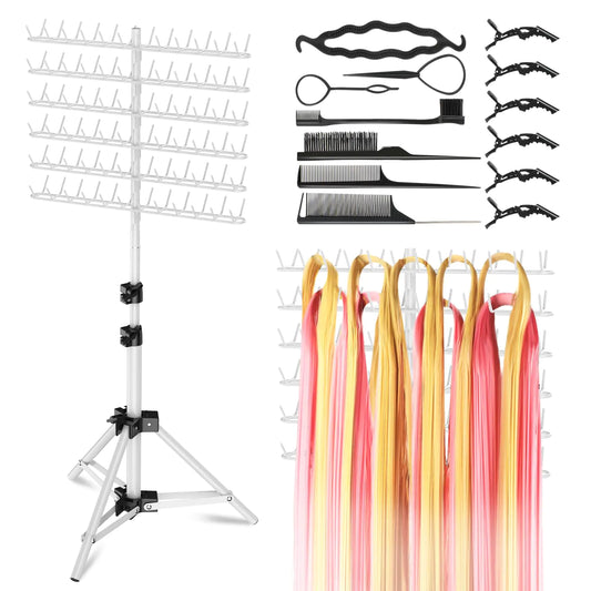 WHITE 144 Pegs Braiding Hair Rack Height Adjustable Braiding Hairstand 2-sides Hair Rack for Braiding Hair Braiding Rack Stand for hair with Stylist Hair Braiding Tools