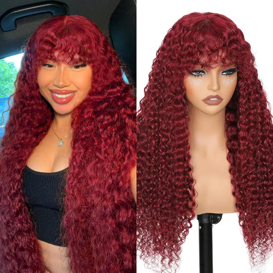 99J Burgundy Curly Wig with Bangs Human Hair 2x4 Lace Closure Water Wave Wear and Go Glueless Color Wigs Red wig with Bangs Colored 100% Brazilian Human Hair for Black Women 26 Inch