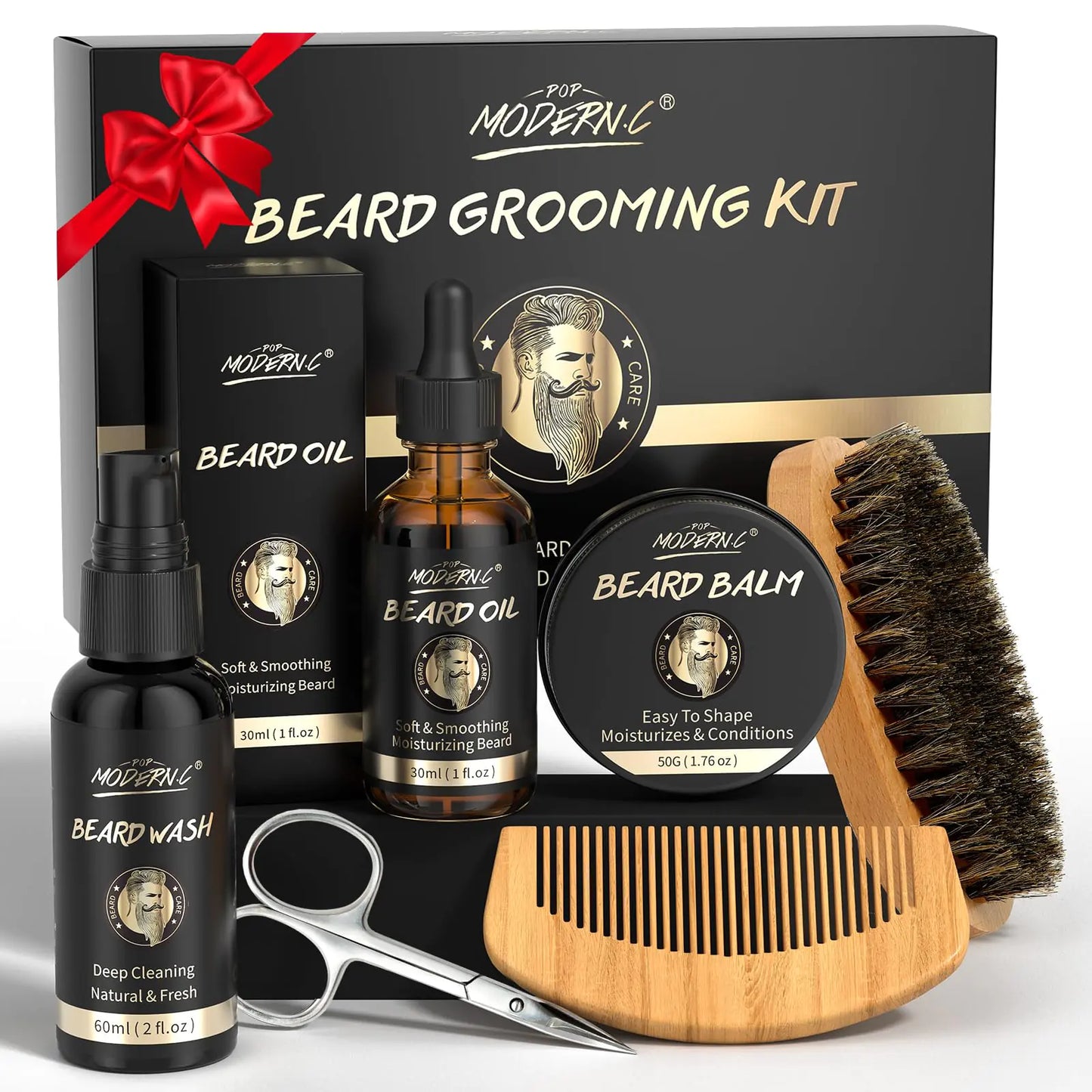 Beard Growth and Grooming Set - 6pcs Wash Shampoo Oil Balm Comb Brush Scissors - Best Gift for Men