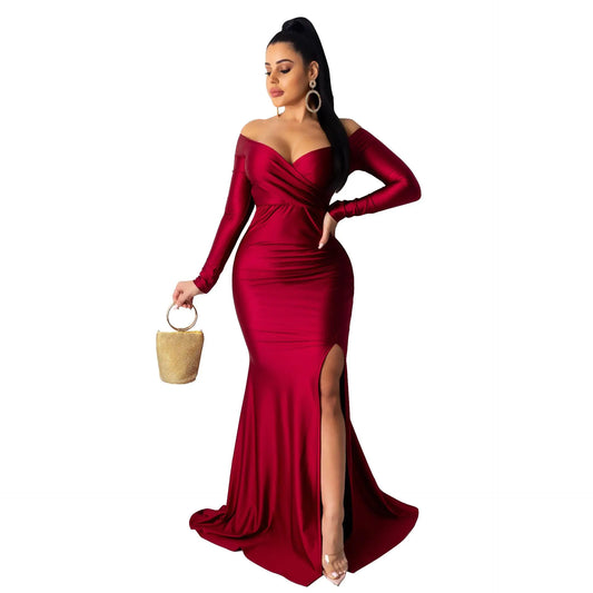 Sexy V-Neck Long Sleeve Dress with High Slit