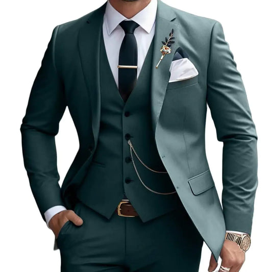 Mens Suits Slim Fit 3 Piece Business Wedding Tuxedo Jacket Vest Pants Suit Set Olive Green
