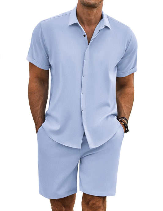 Mens Short Sets 2 piece Outfits Linen Shorts Set for Men Cruise Wear Light Blue Small