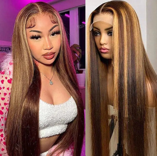 Honey Blonde Wig Human Hair Straight Highlight Lace Front Wig Human Hair 180 Density Ombre Lace Front Wig Human Hair Pre Plucked Bleached Knots Transparent Frontal Wigs Human Hair(18inch)