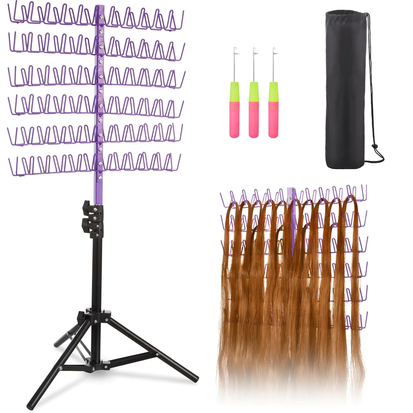 PURPLE Braiding Hair Rack with 120 Pegs Height Adjustable Braiding Rack 2-Side Metal Hair Rack for Stylists/Home/Salon Hair Braiding Stand with Stylist Hair Braiding ToolsPurple