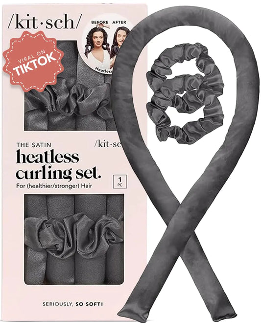 Lala Hair Satin Heatless Curling Set - Heatless Hair Curler To Sleep In Heat Free Curls Overnight for Frizz-Free Soft Curls - For All Hair Types - Includes Satin Curling Rod & 2 Scrunchies - Charcoal